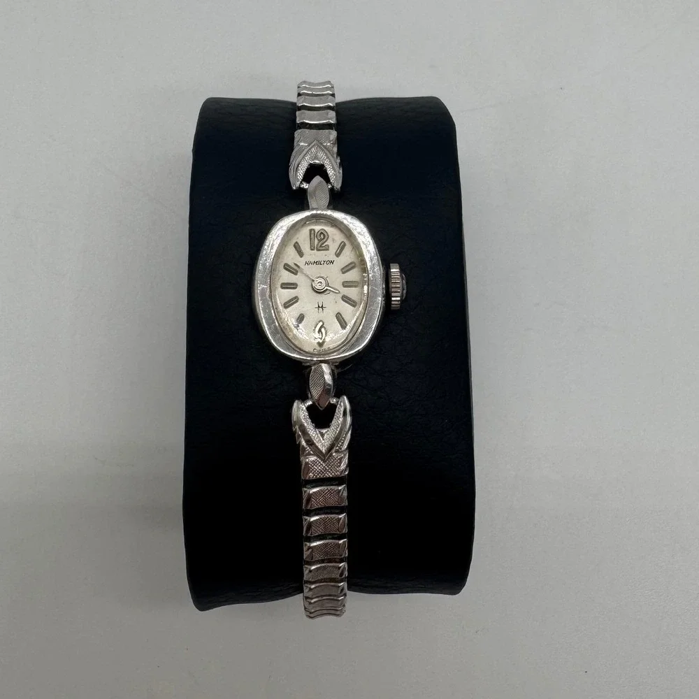 Hamilton Vintage Womens Cocktail Watch 10K RGP Bezel Silver Tone Oval Working